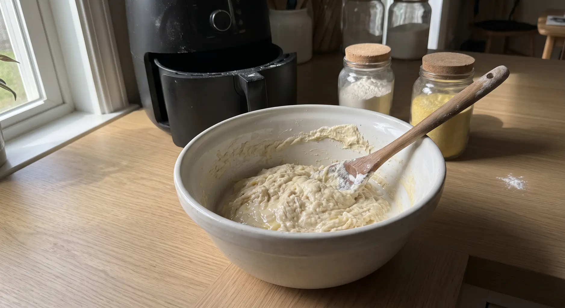 A wet, slack English muffin dough being stirred together in a bowl with a spoon