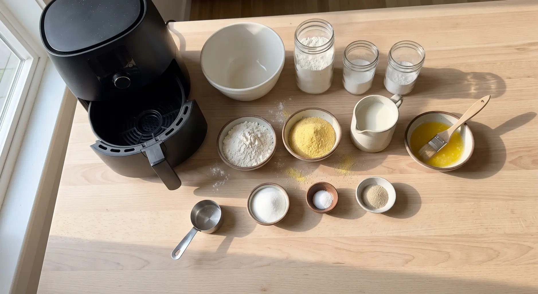 Ingredients for air fryer English muffins: flour, milk, butter, yeast, sugar, salt and cornmeal
