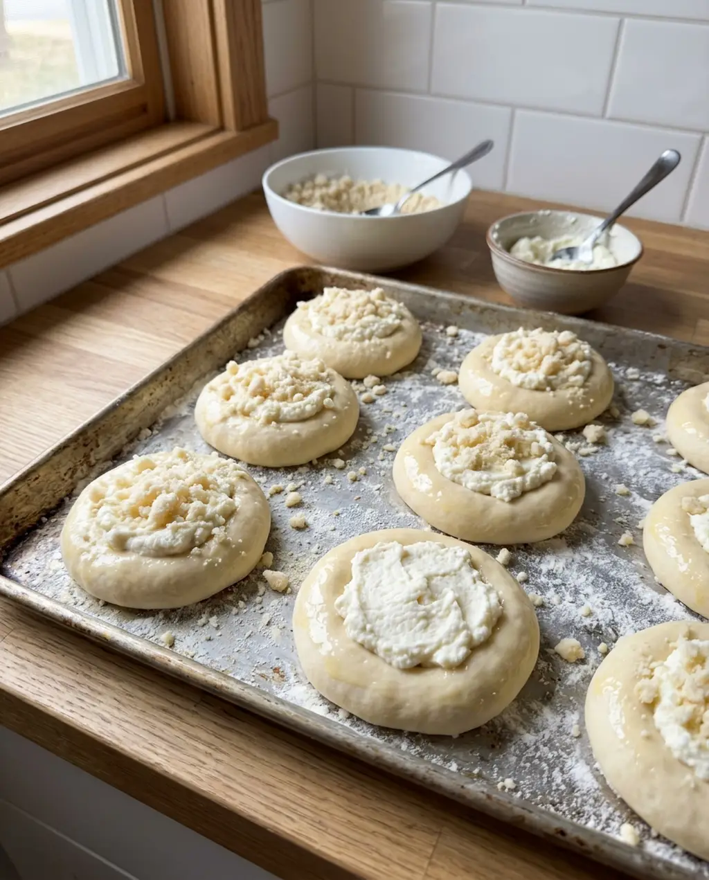 Unbaked kolaches on a tray with sweet cheese filling in their wells, most topped with posypka crumbs, rims shiny with egg white