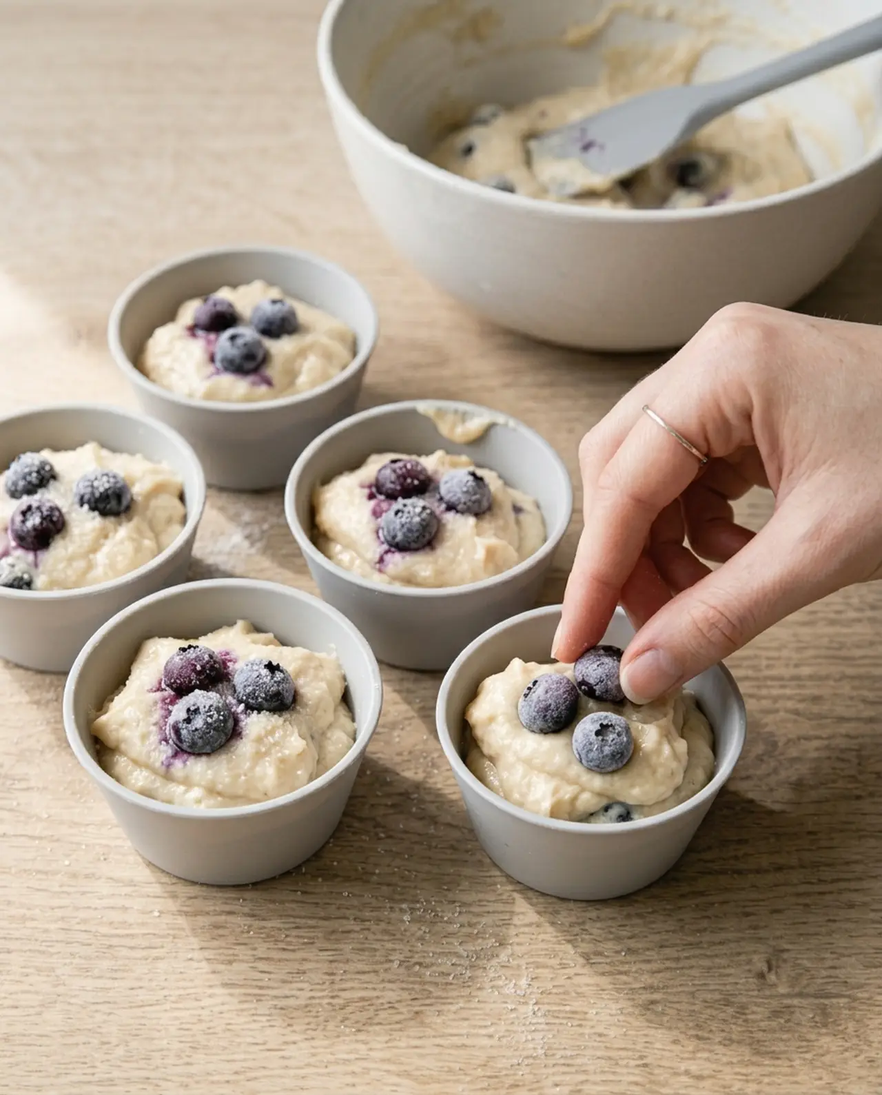 Silicone baking cups filled with blueberry muffin batter on a counter, a hand pressing extra frozen berries into the top of one
