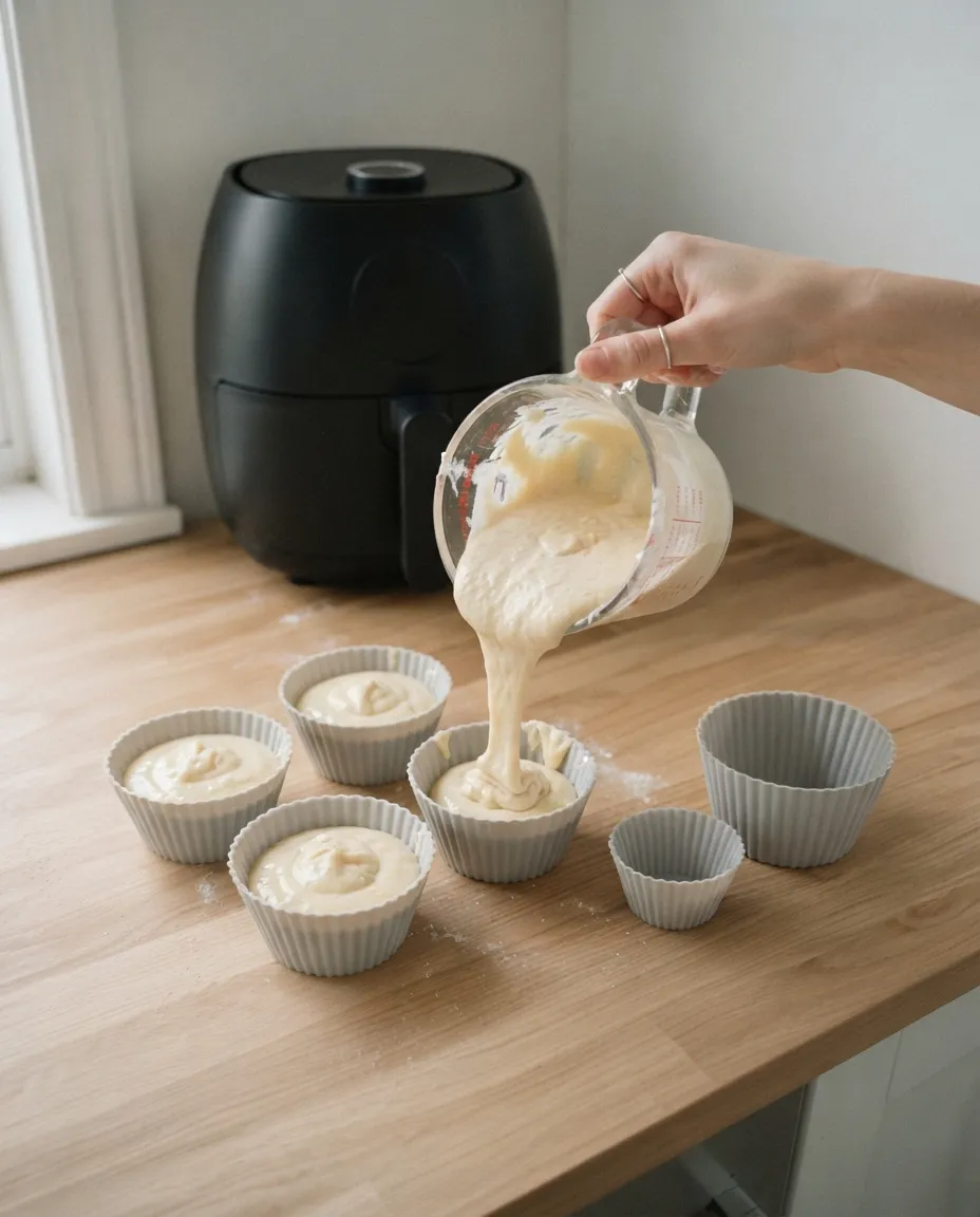 Batter being poured from a measuring cup into silicone muffin cups on a counter