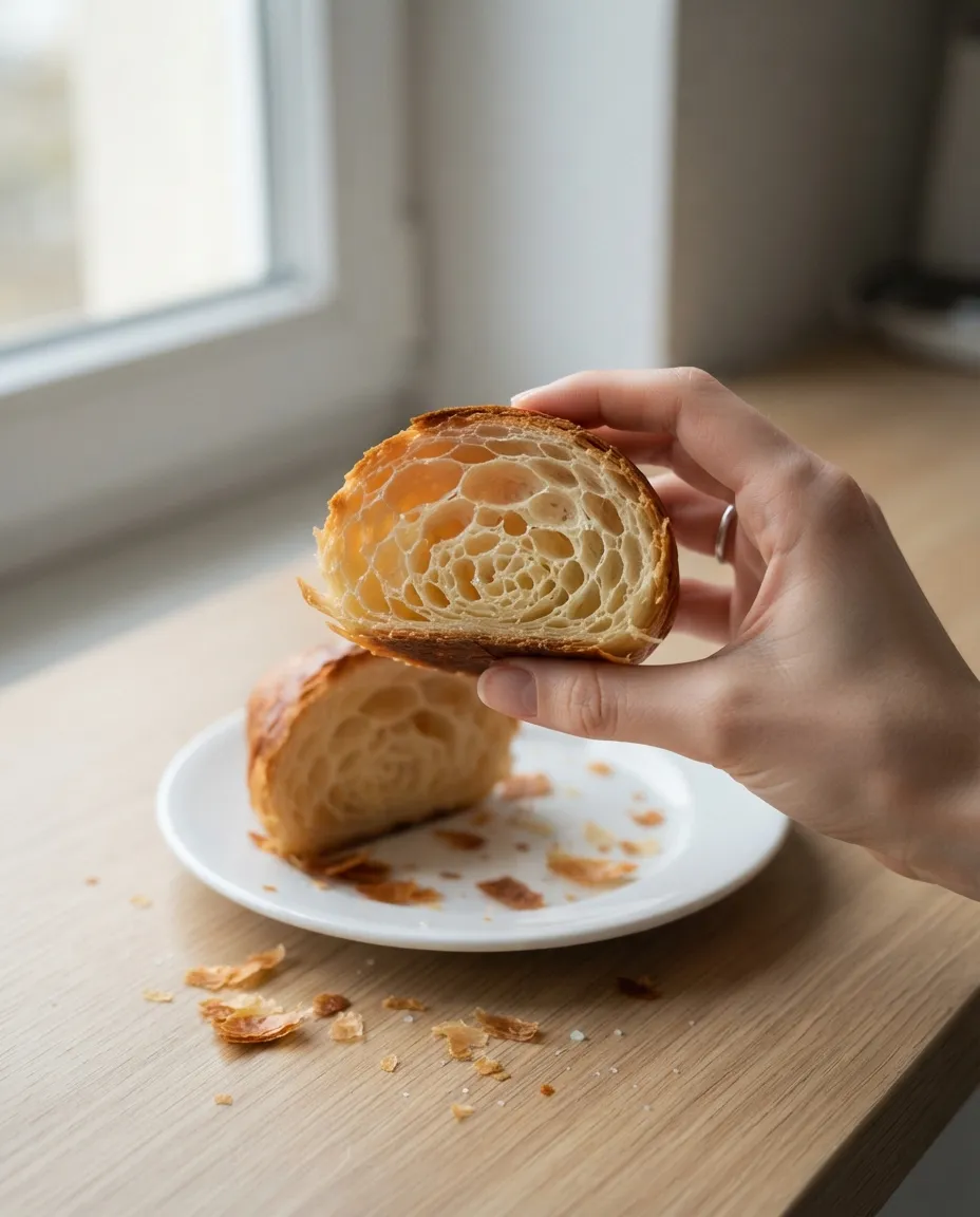 A baked croissant torn open to show a honeycomb of open, flaky layers
