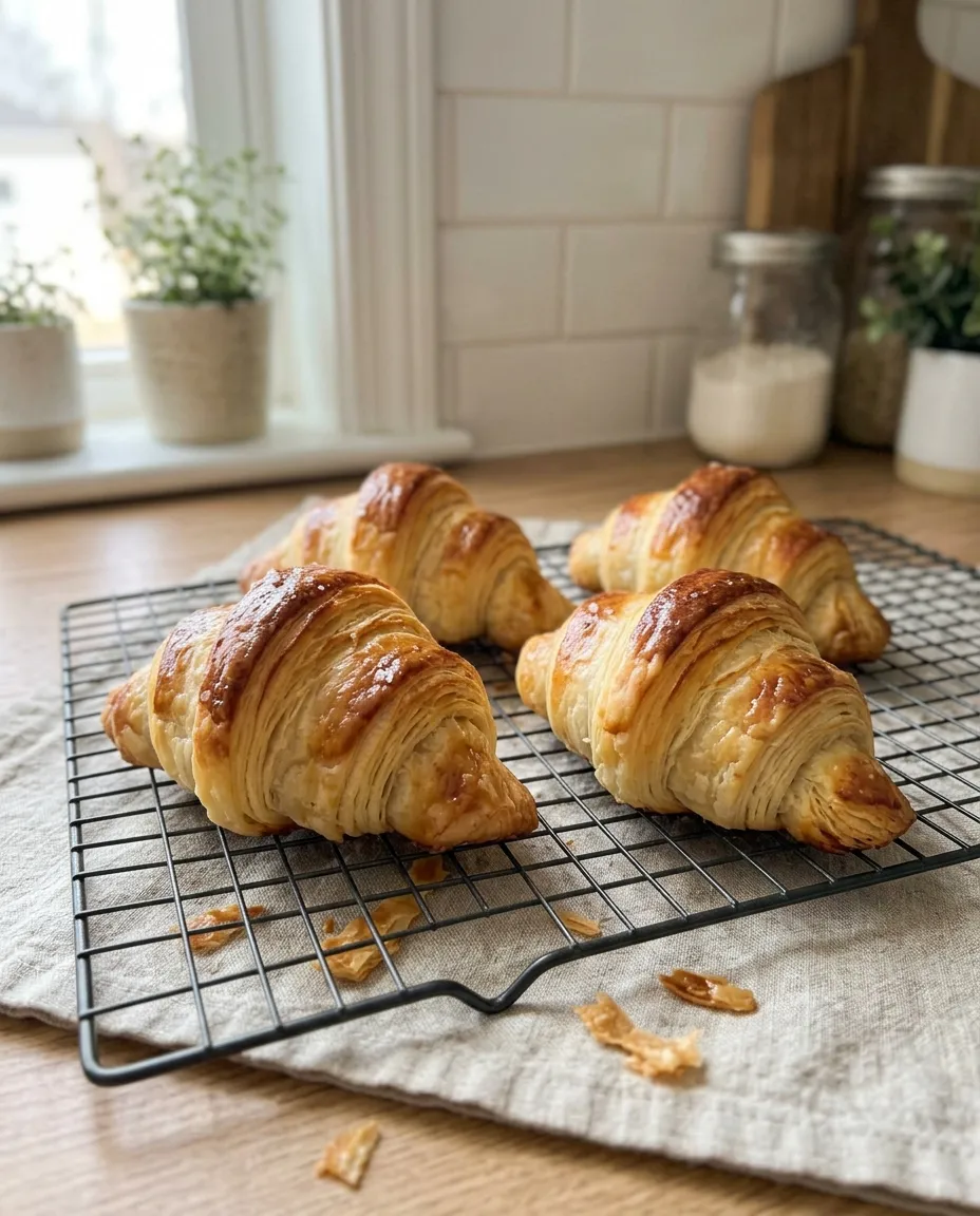 Four finished croissants cooling on a wire rack with shattered pastry flakes scattered across the linen underneath