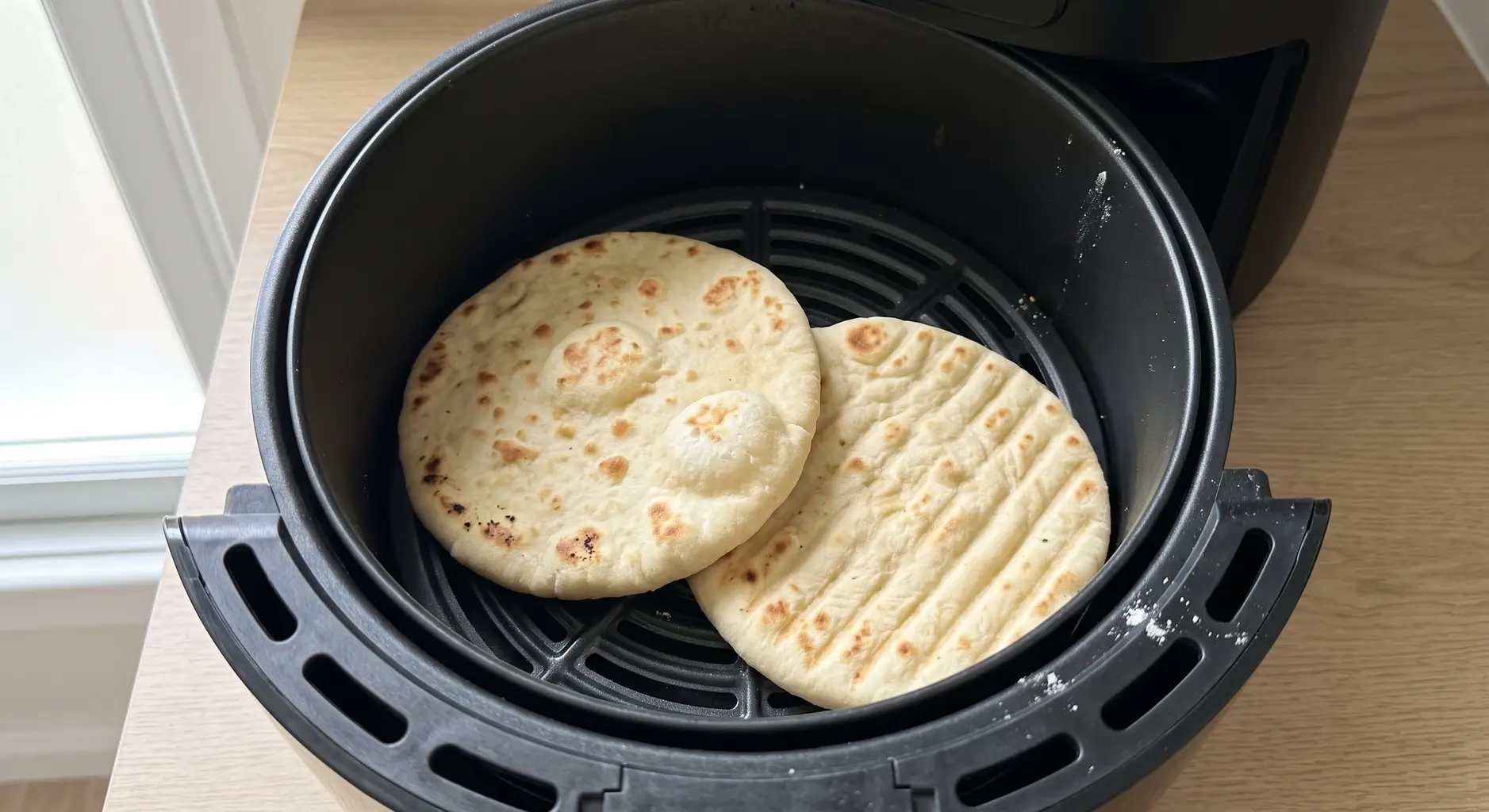 Two flatbreads cooking in an air fryer basket, both faces showing golden brown spots