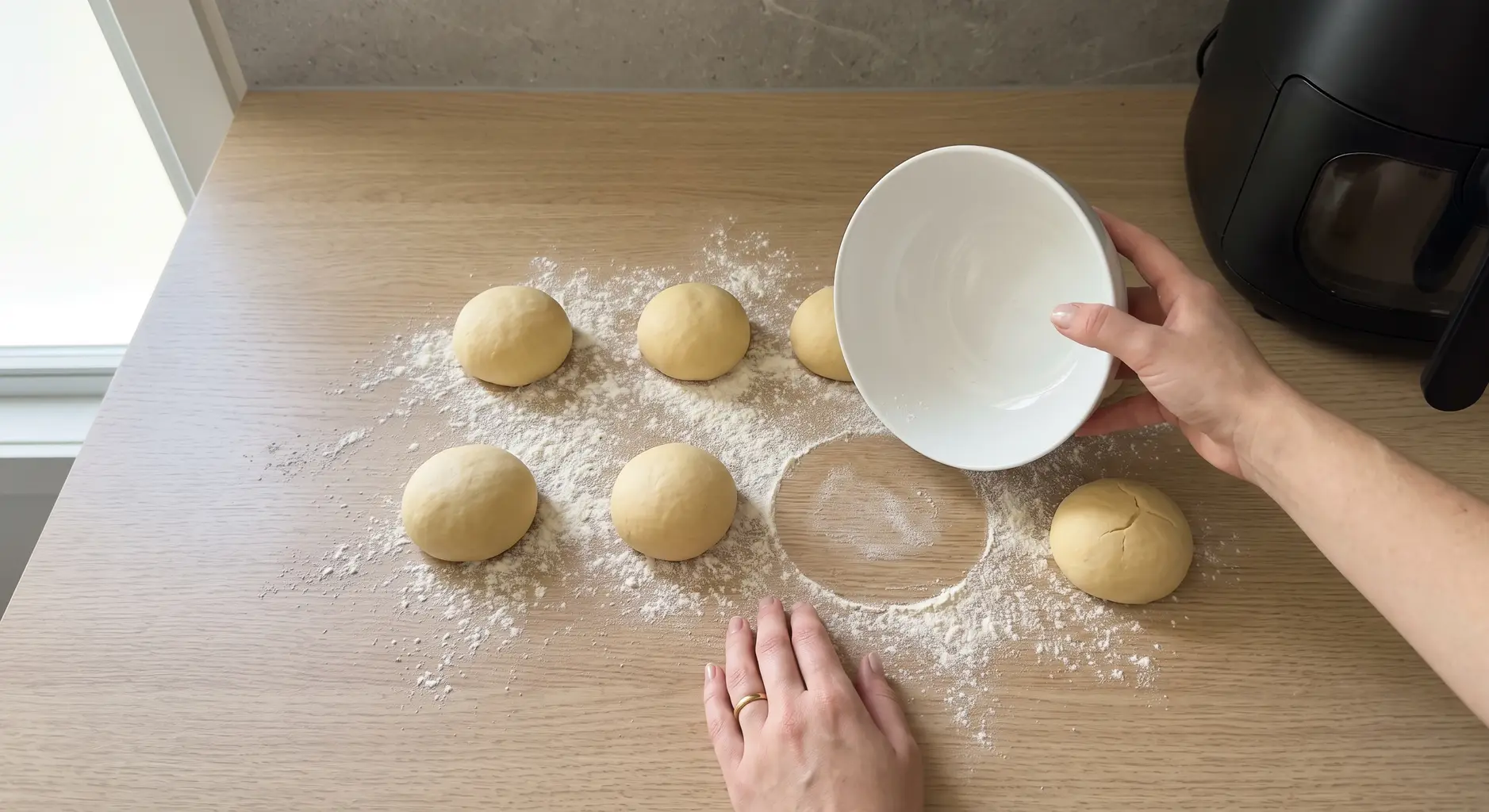 Six dough balls resting on a floured counter with a bowl being set over them