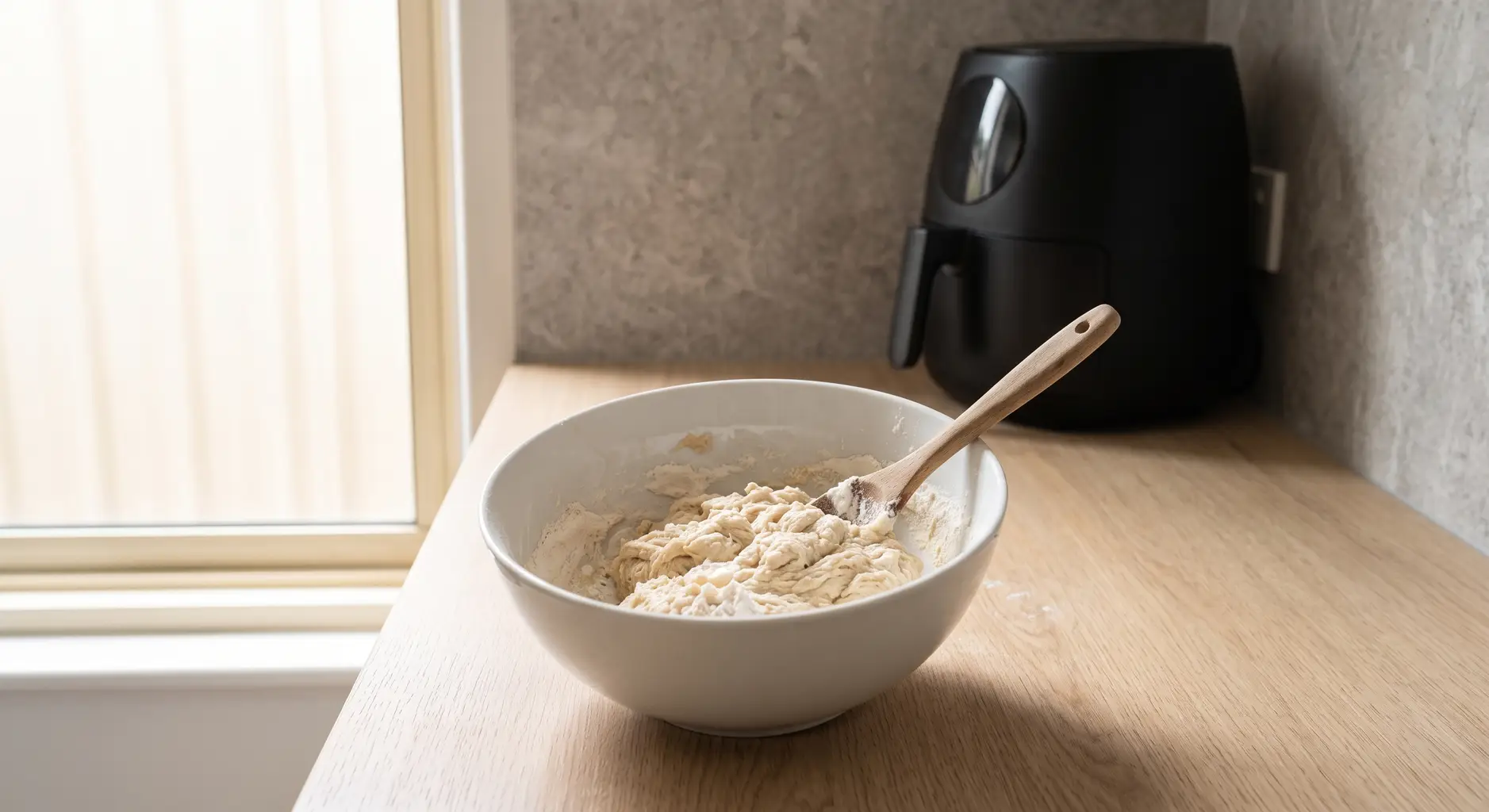 Flour and Greek yogurt being stirred together into a shaggy dough with a spoon
