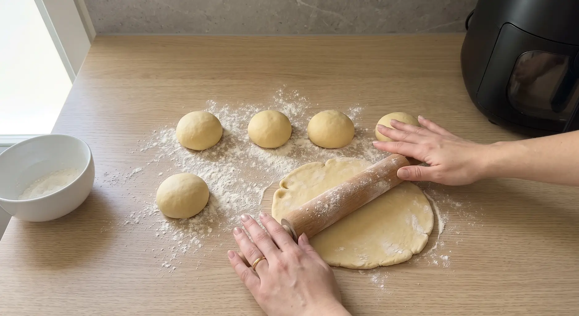 A rolling pin flattening a ball of two-ingredient dough on a floured counter