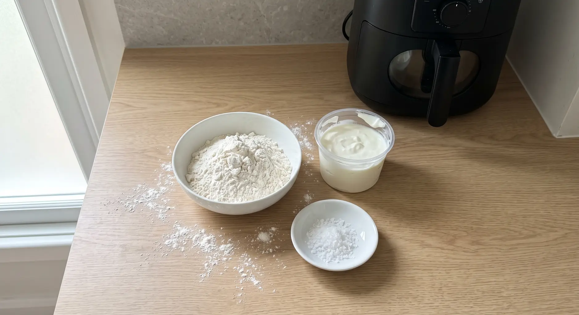 A bowl of self-rising flour beside a tub of Greek yogurt and a small dish of leavening on a wooden counter