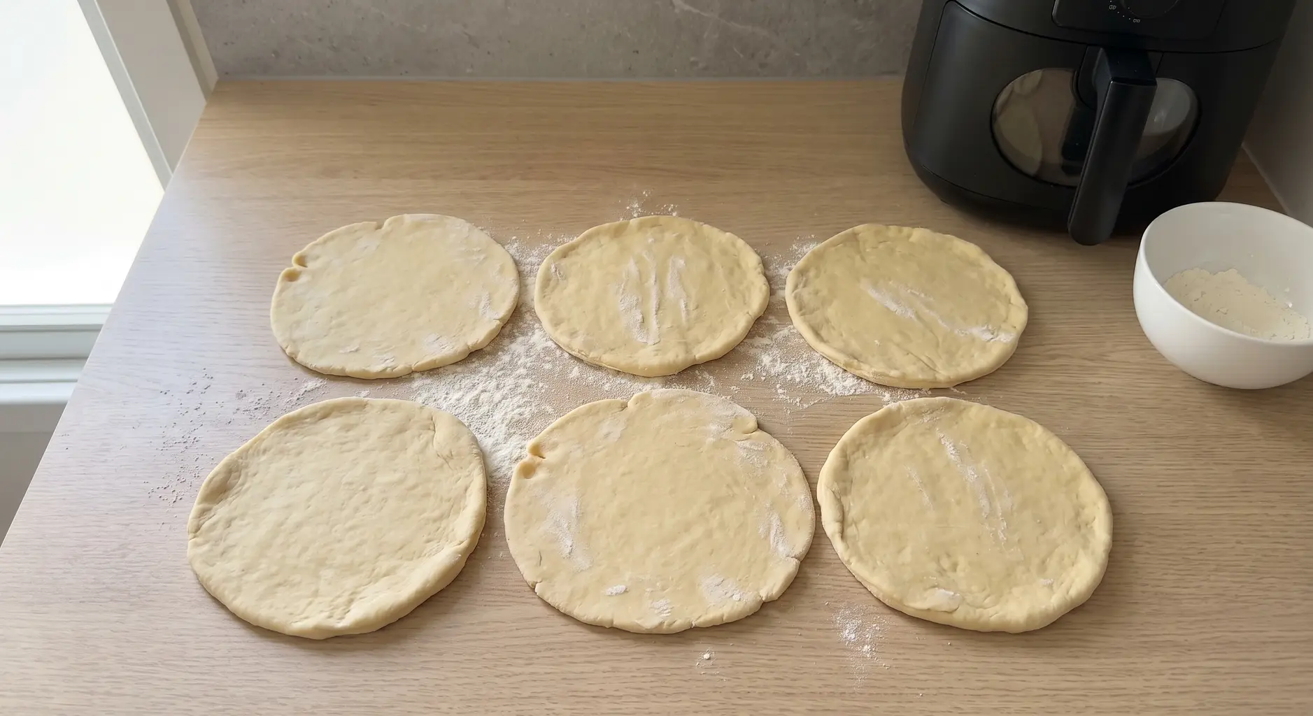 Six evenly rolled flatbread rounds resting on a floured counter before cooking