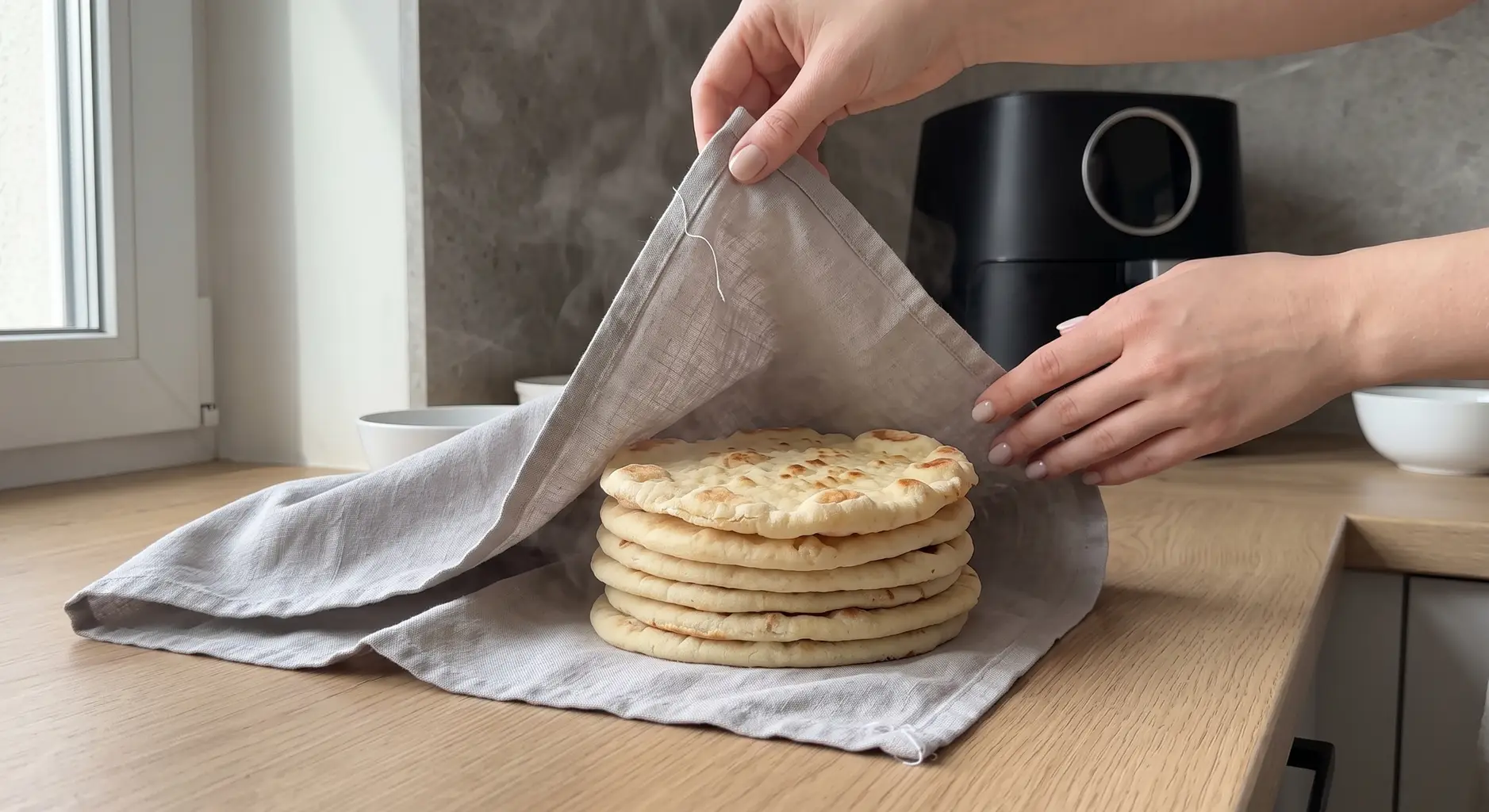 A folded towel being laid over a warm stack of cooked flatbreads