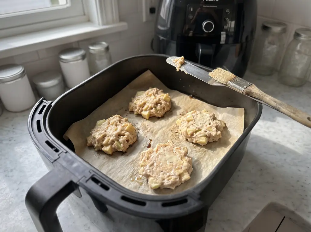 Raw apple fritters on parchment inside a Philips air fryer basket with a pastry brush of melted butter alongside