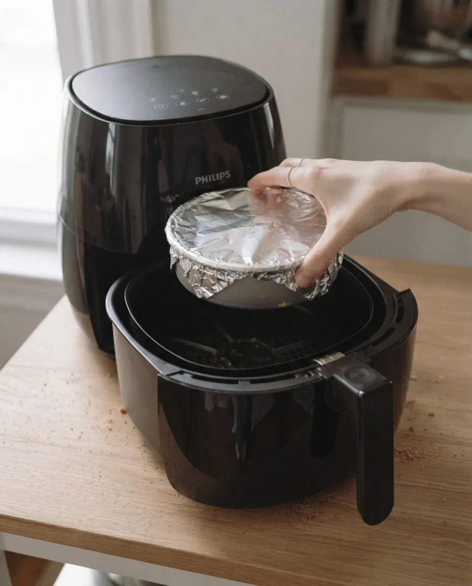 A hand setting a foil-covered round pan into an air fryer basket
