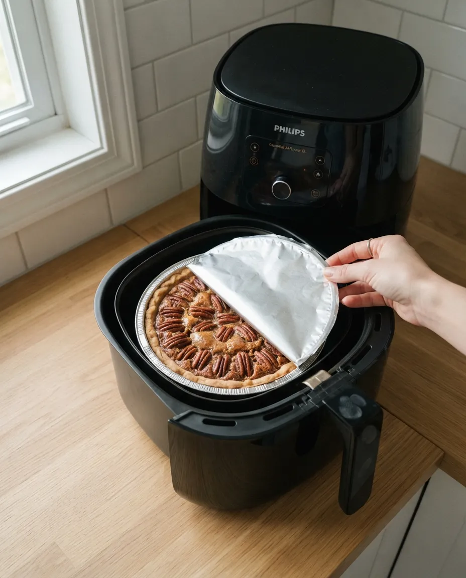A hand laying a flat disc of foil over a pecan pie in an air fryer basket