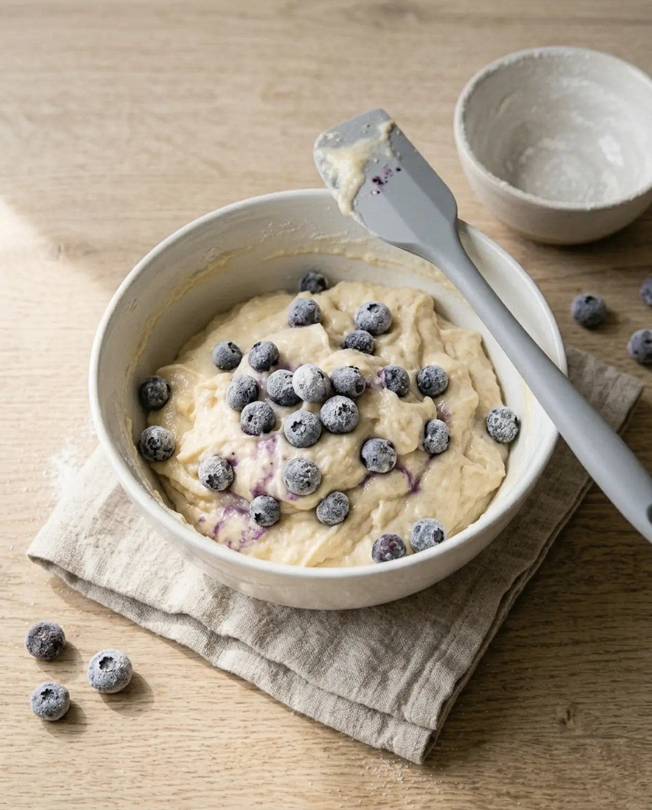 Frost-covered frozen blueberries scattered over thick muffin batter in a bowl, with the bowl of reserved flour alongside