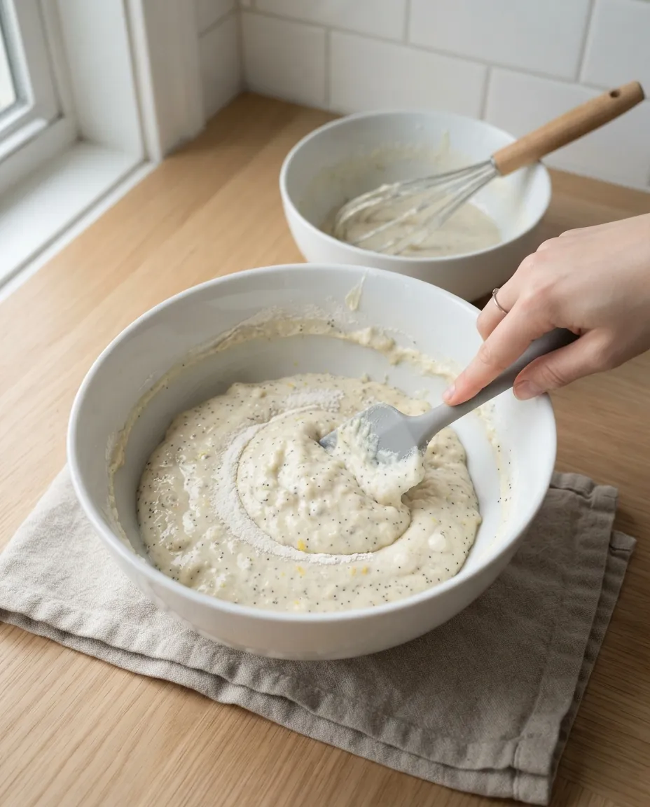 Folding lemon poppy seed muffin batter with a spatula, a last streak of flour still visible