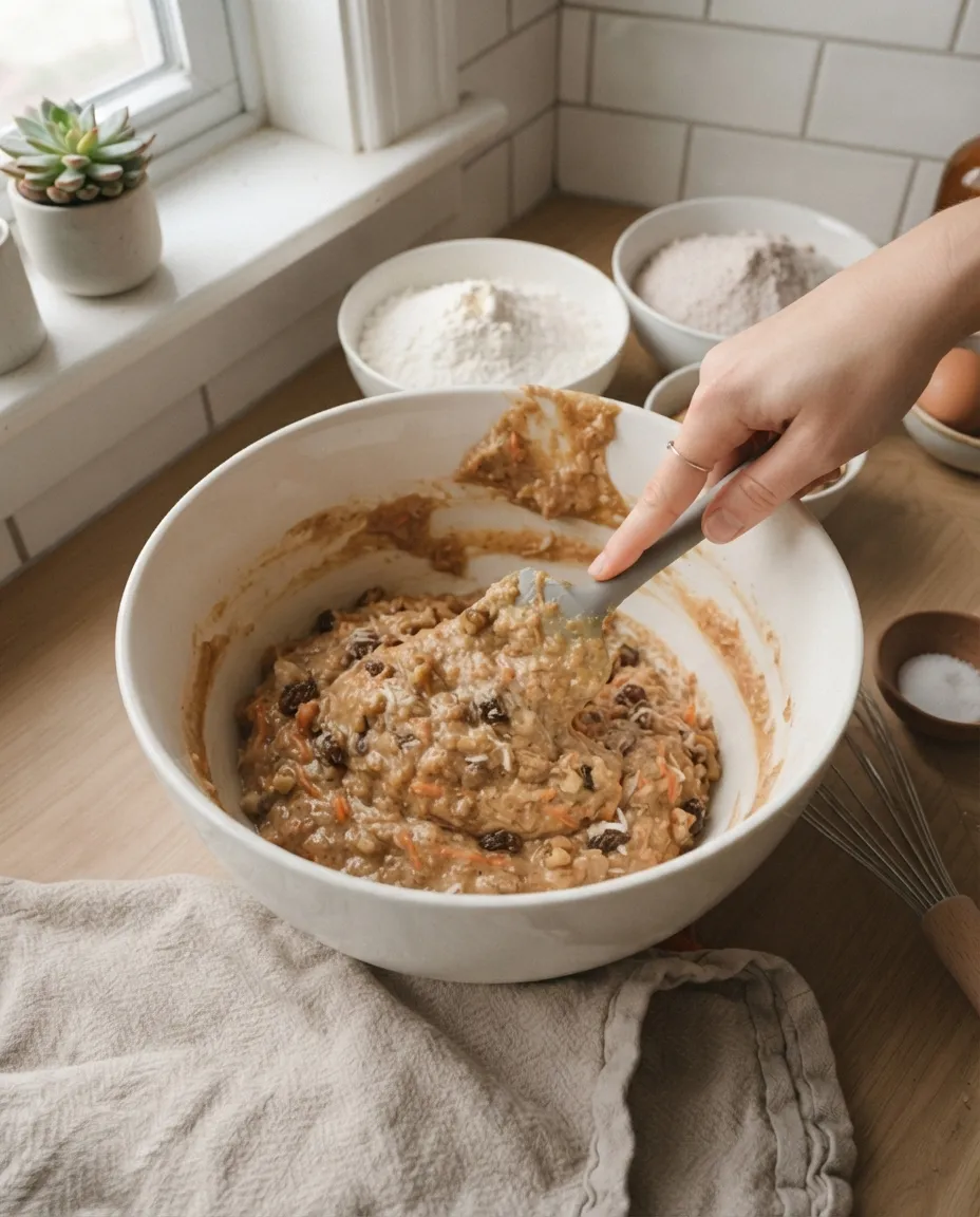 Folding thick morning glory muffin batter packed with raisins, walnuts, coconut and carrot in a white bowl