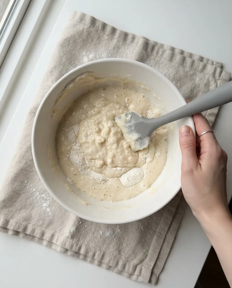 A spatula folding lumpy muffin batter with a few flour streaks in a white bowl