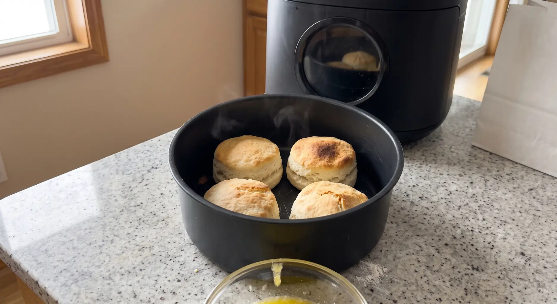 Four air fryer biscuits at the halfway point, tops golden and steaming, puffed nearly double