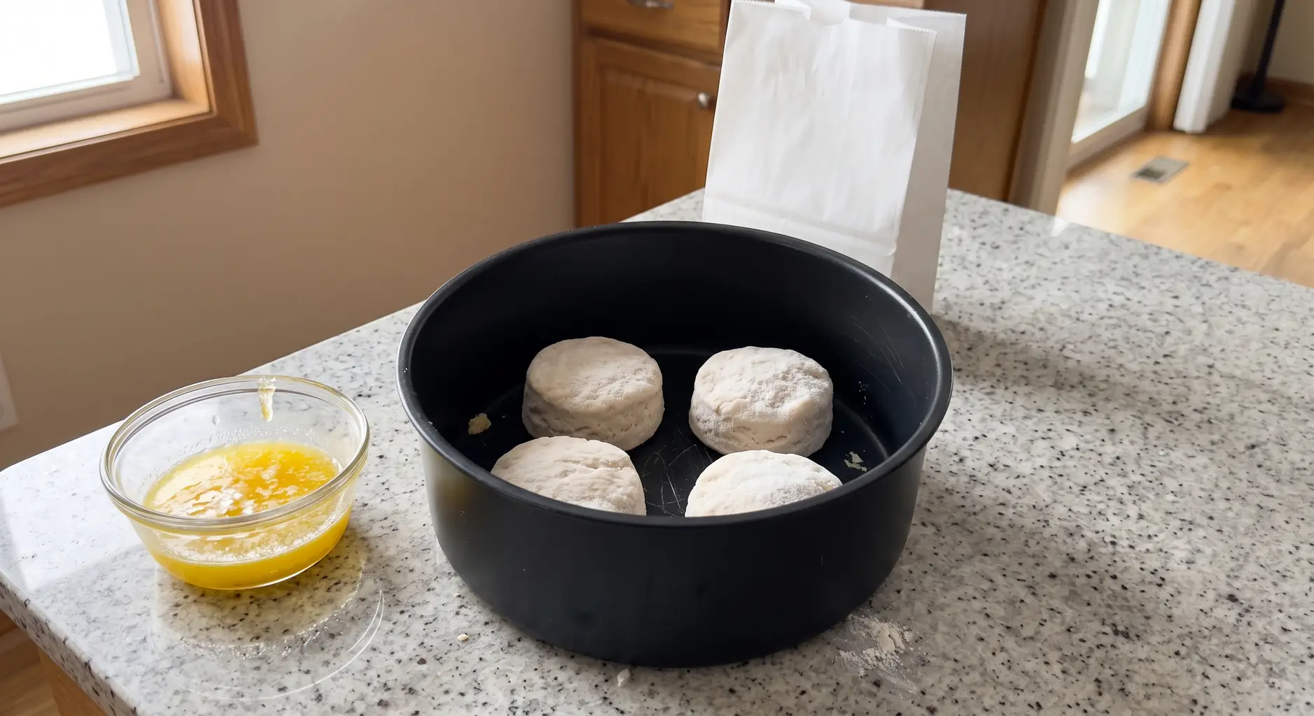 Four frozen biscuits spaced apart in an empty air fryer basket before cooking