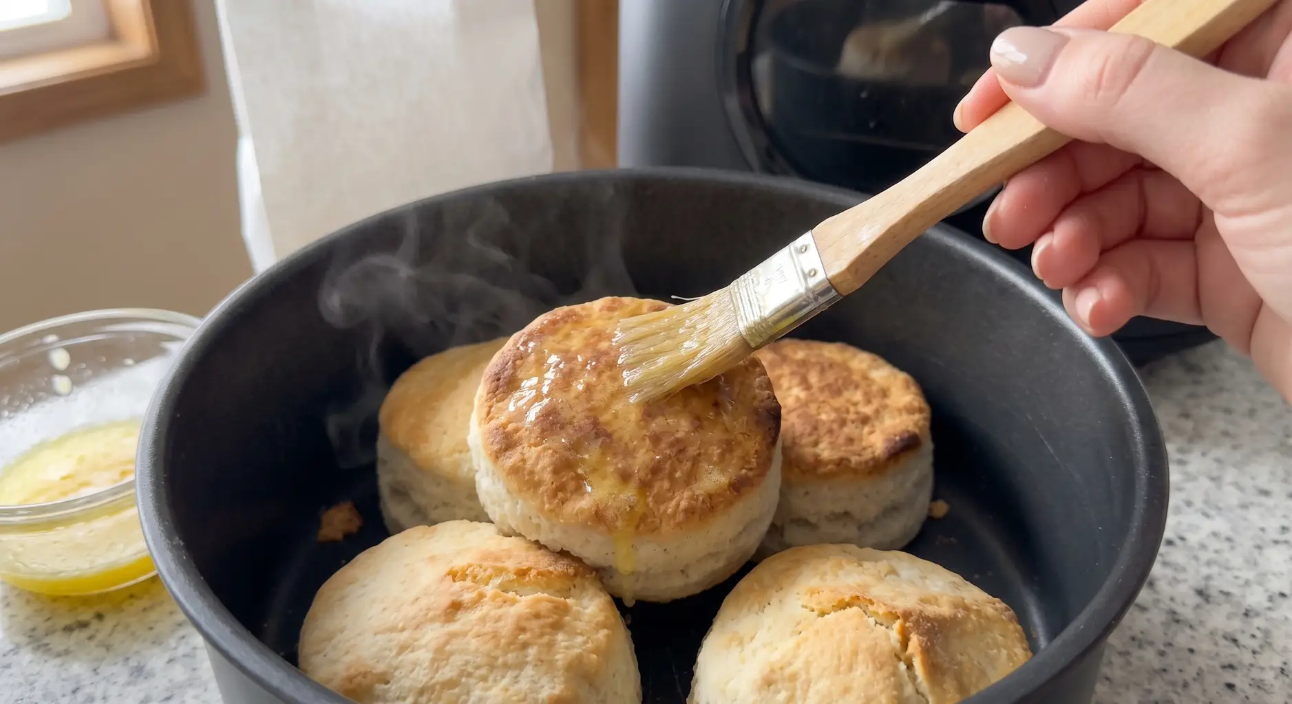 Brushing melted butter onto hot air fryer biscuits in the basket