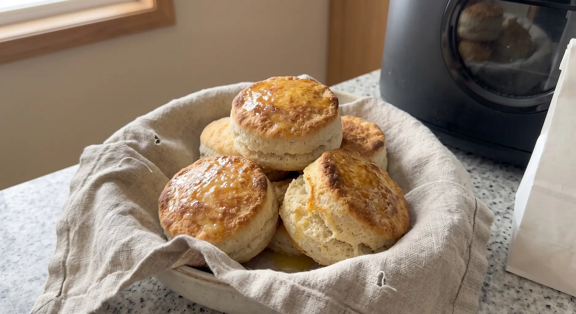 Buttered air fryer frozen biscuits piled in a towel-lined bowl beside the air fryer, one torn open to show its layers