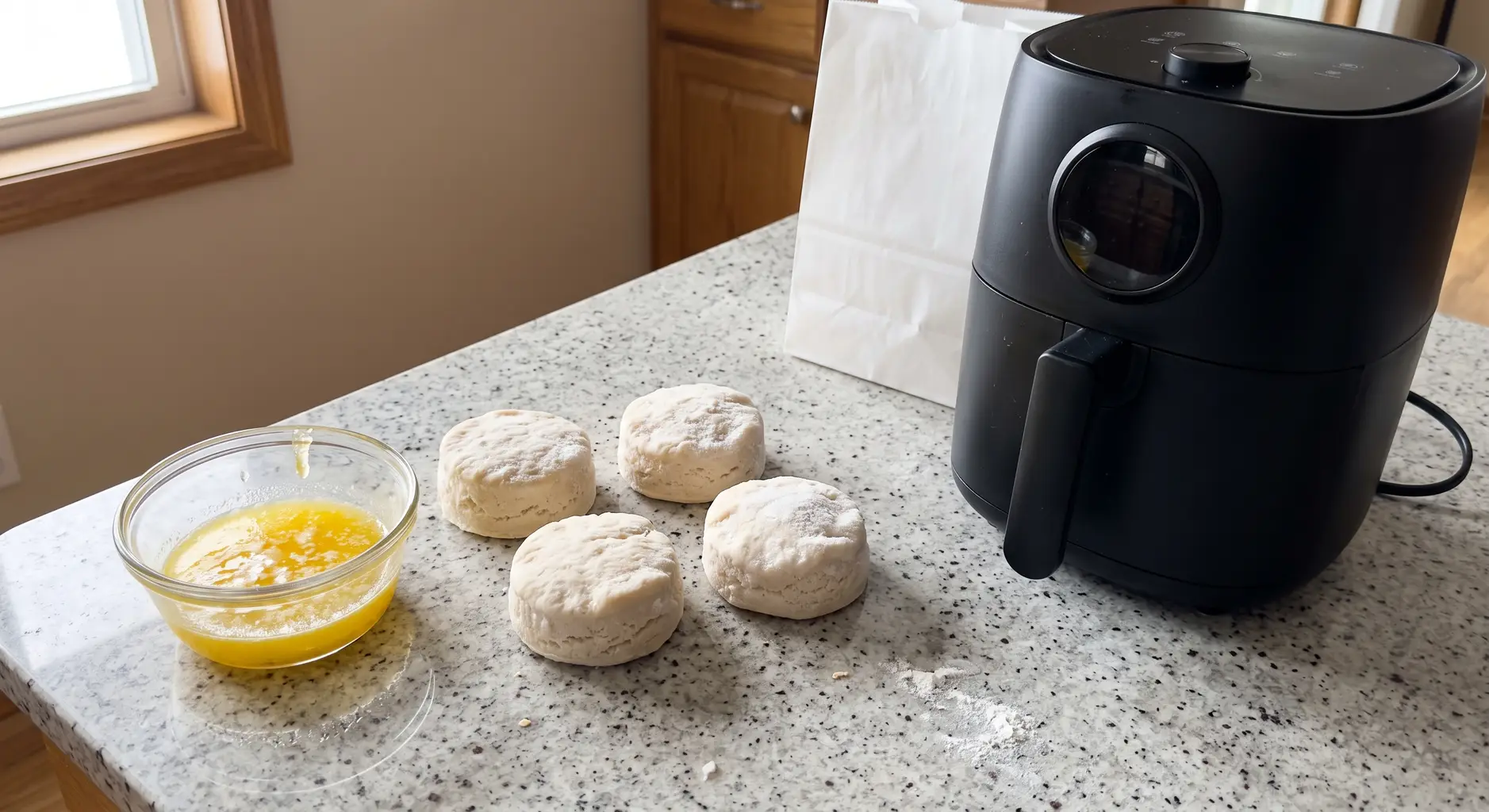 Four frozen biscuits, a bowl of melted butter, the freezer bag and an air fryer on a granite counter