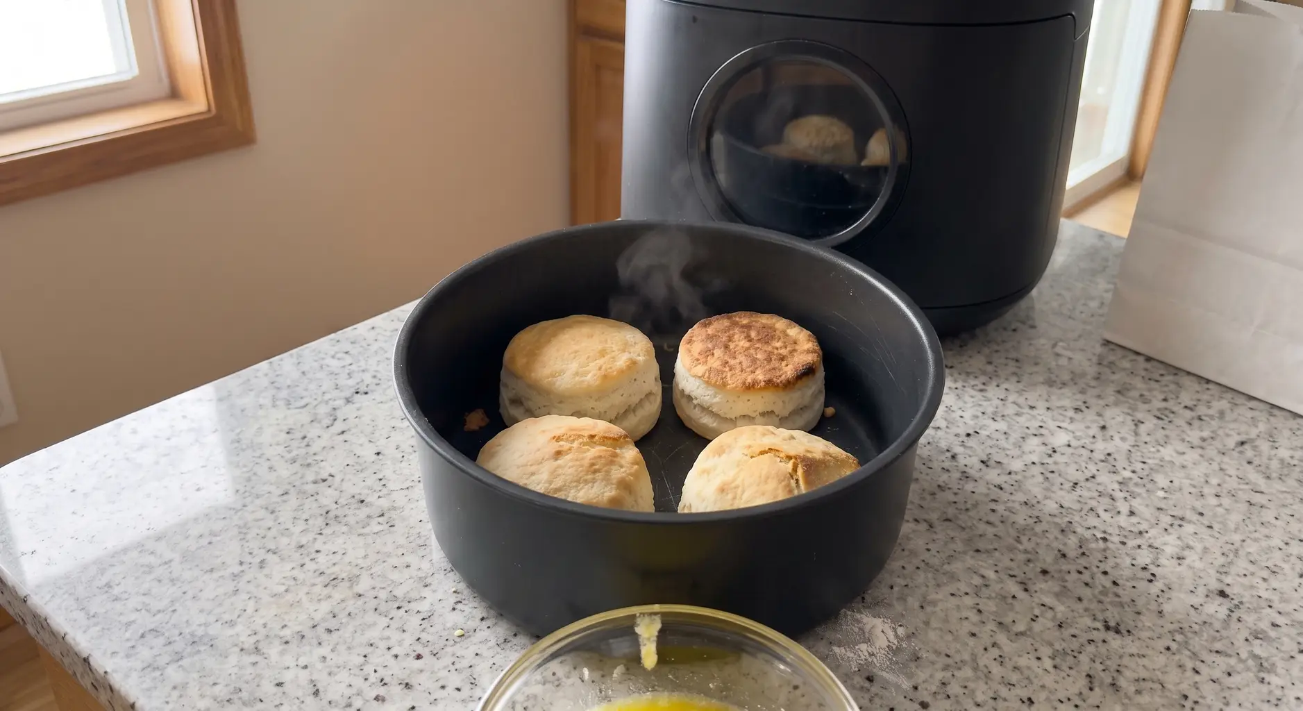 Biscuits back in the air fryer basket after the flip, the turned biscuit showing its browned underside