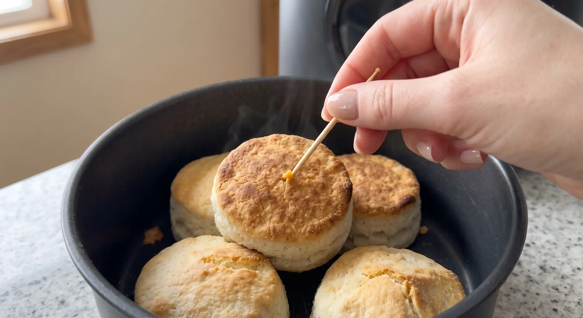 A toothpick testing the center of the middle biscuit in a crowded air fryer basket