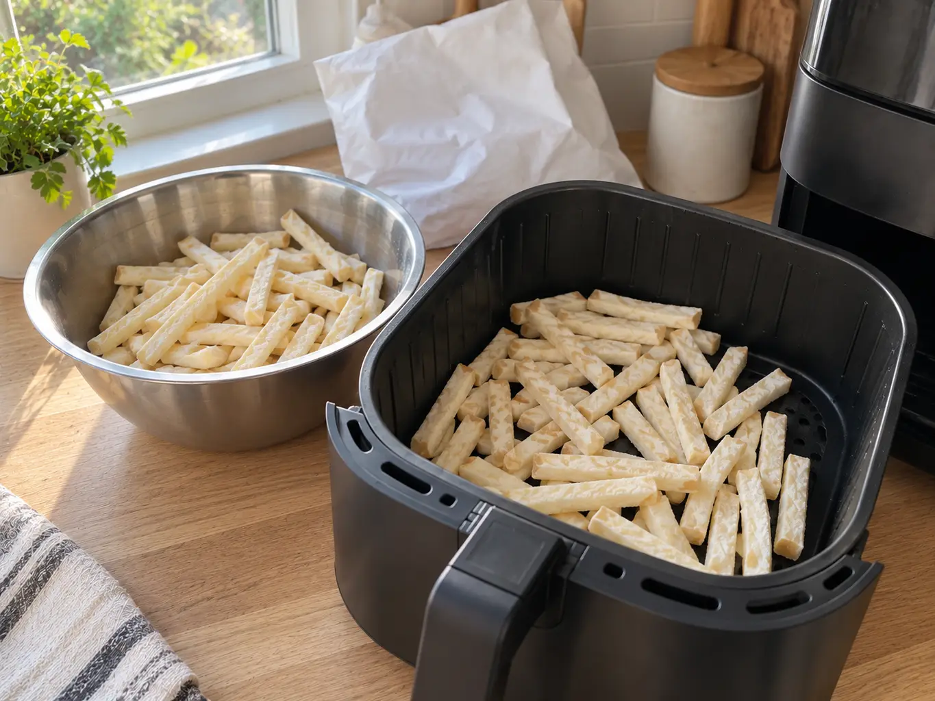 Frozen french fries spread in a single even layer in an air fryer basket