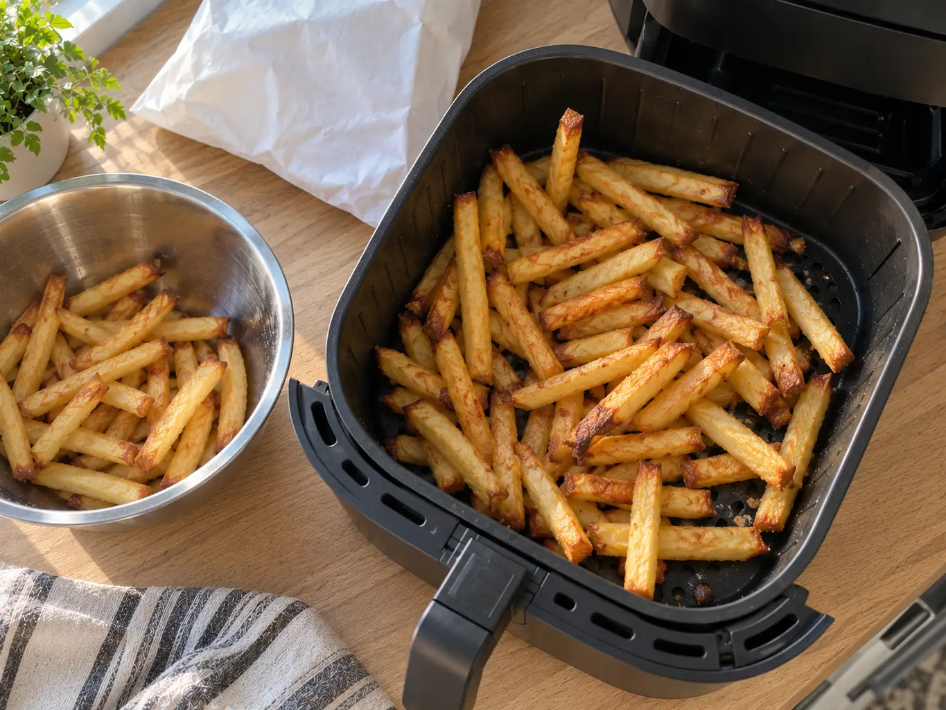 Deeply golden air fryer french fries showing the color the bag instructions never reach