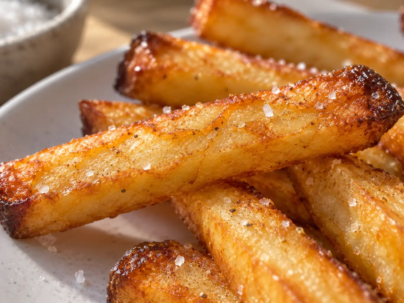 Close up of crisp golden french fries showing the blistered crunchy surface