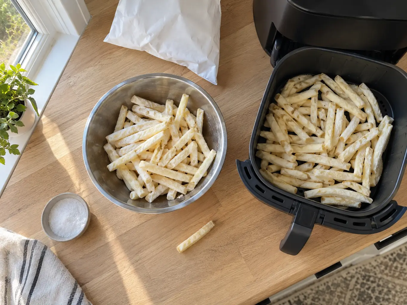 A bag of frozen french fries with salt and seasonings laid out ready to cook