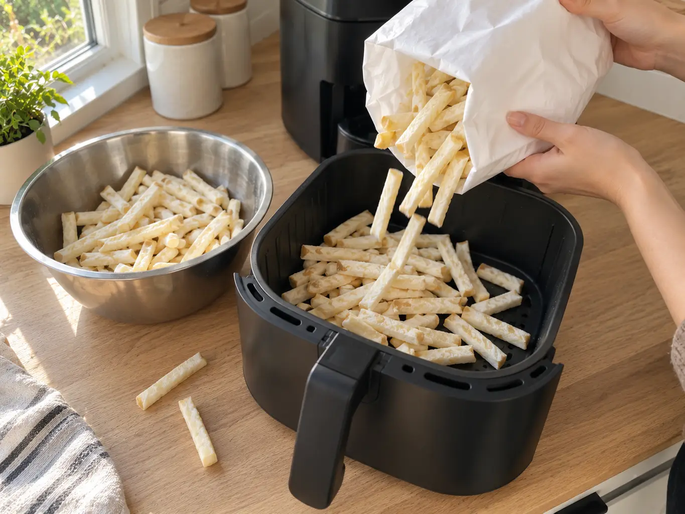 Frozen french fries being poured straight from the bag into an air fryer basket