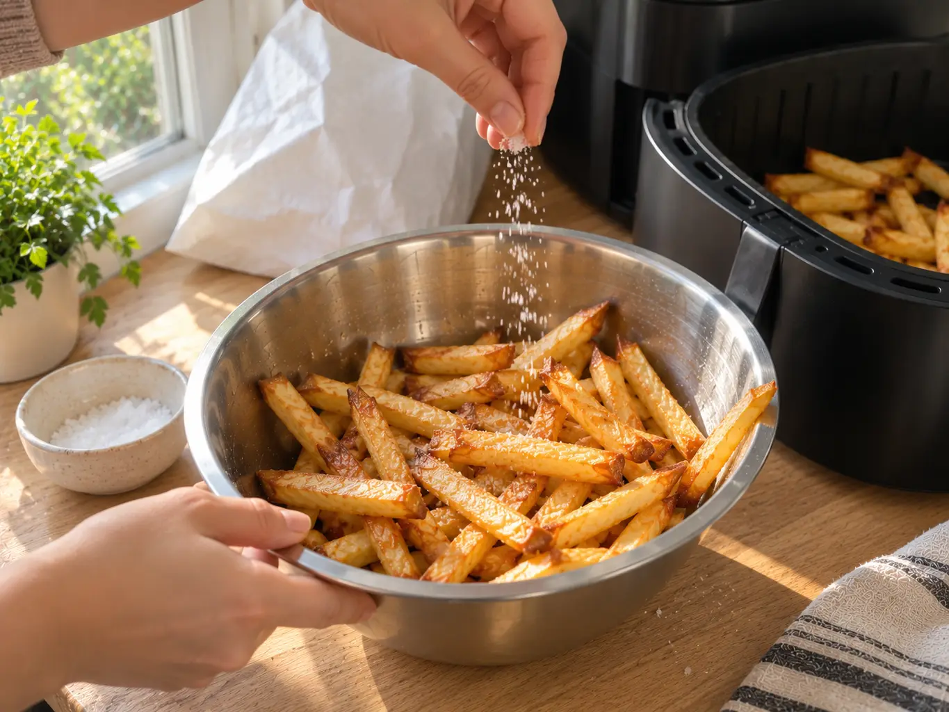 Hot french fries being salted in a bowl after air frying