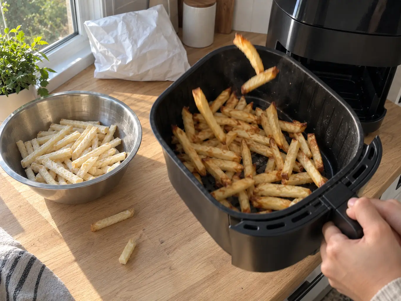 An air fryer basket of fries being shaken mid-cook to redistribute them