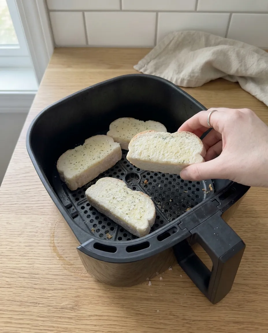 Frozen garlic bread pieces placed butter side up in a single layer in an air fryer basket
