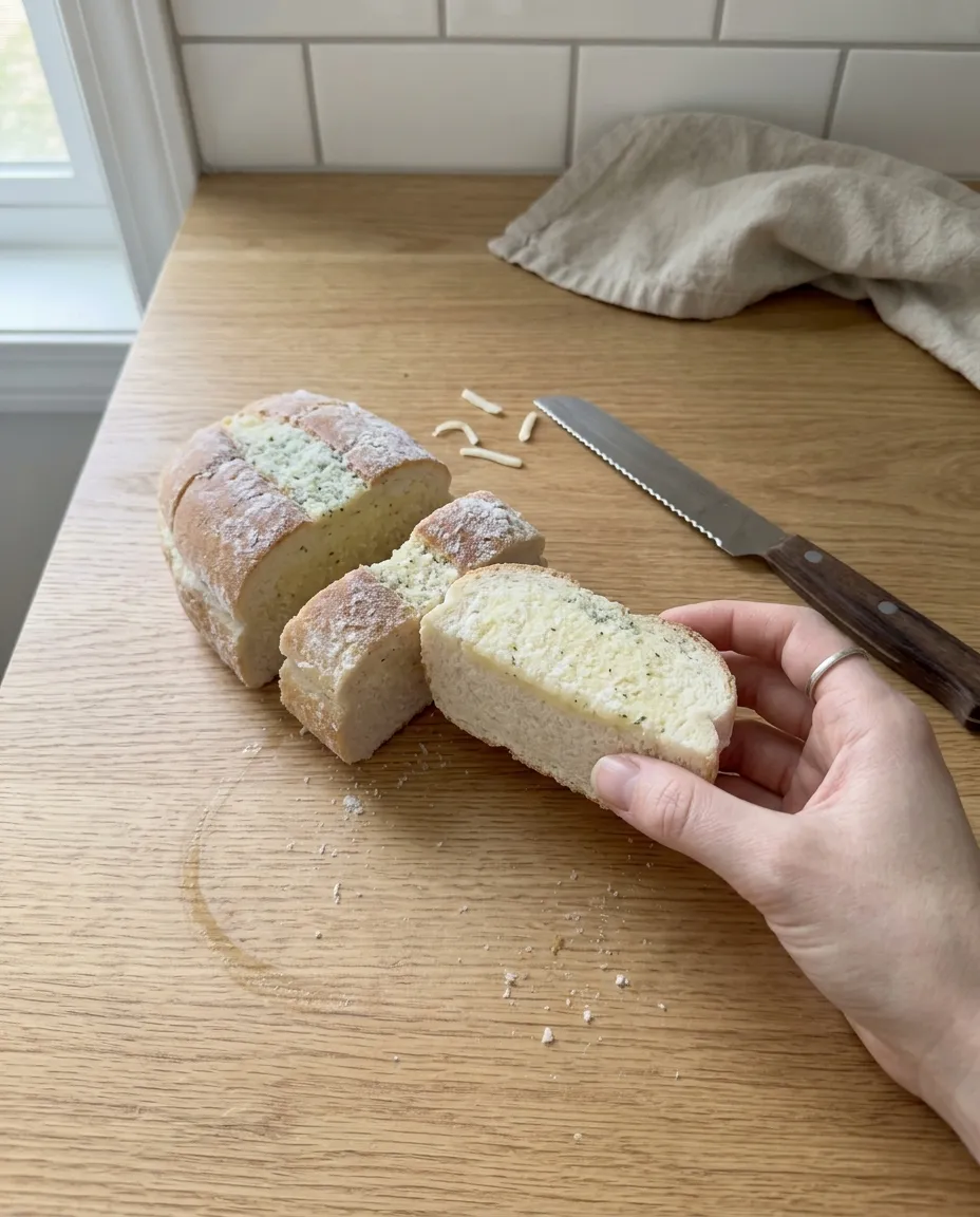 A frozen garlic bread loaf sawed into short pieces with a serrated bread knife