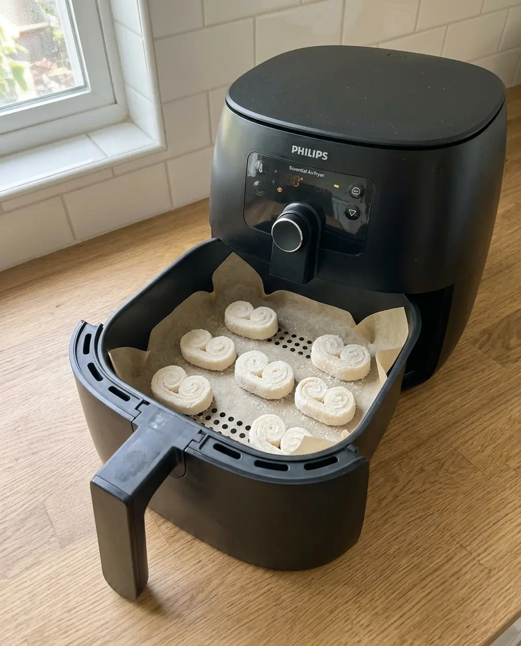 Frozen heart-shaped palmier slices on a parchment liner inside an air fryer basket