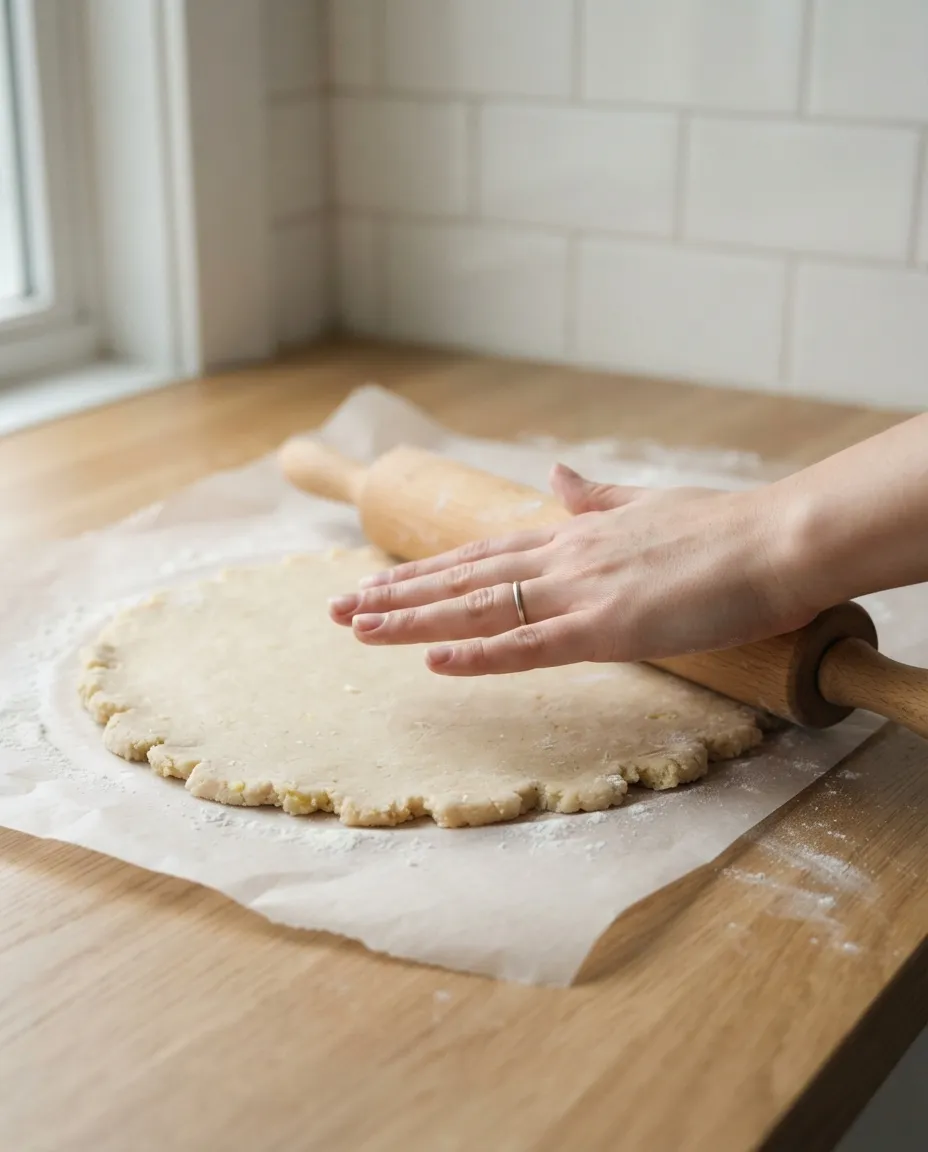 A rolling pin rolling galette dough into a circle directly on parchment