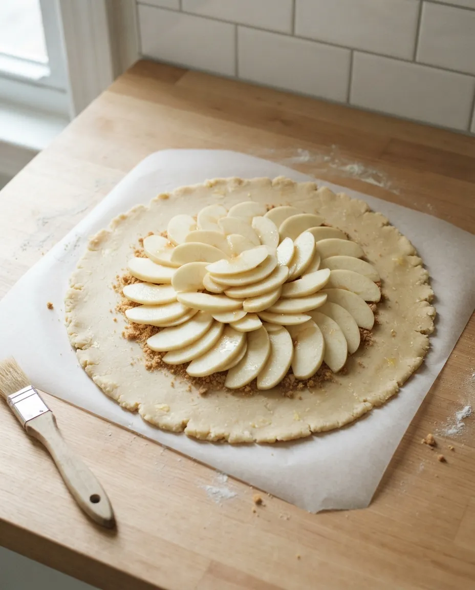 Apple slices fanned in a circle over a layer of crumbs on rolled galette dough, with a bare border