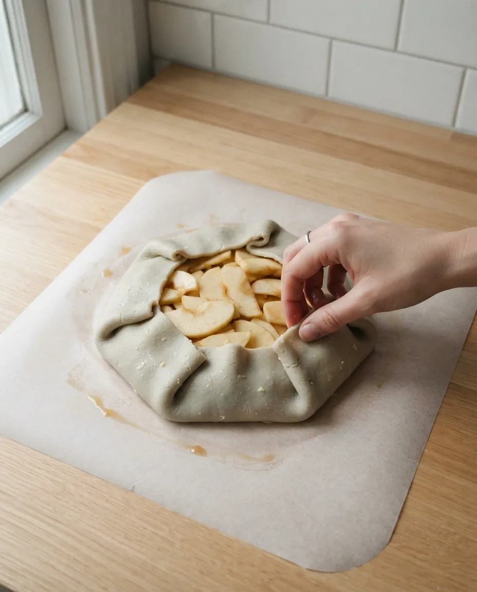 Fingers pinching the overlapping pleats of a galette border folded over apple slices