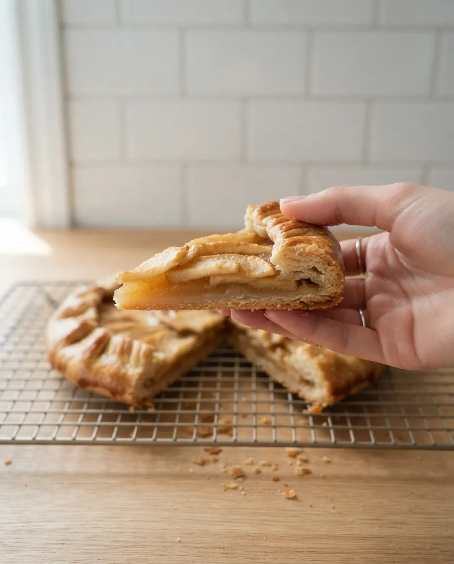 A hand lifting a slice of apple galette with flaky pleated crust from a cooling rack