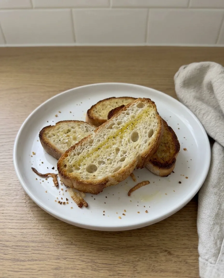 A piece of air fryer garlic bread showing a dry, open crumb with the butter soaked into the middle