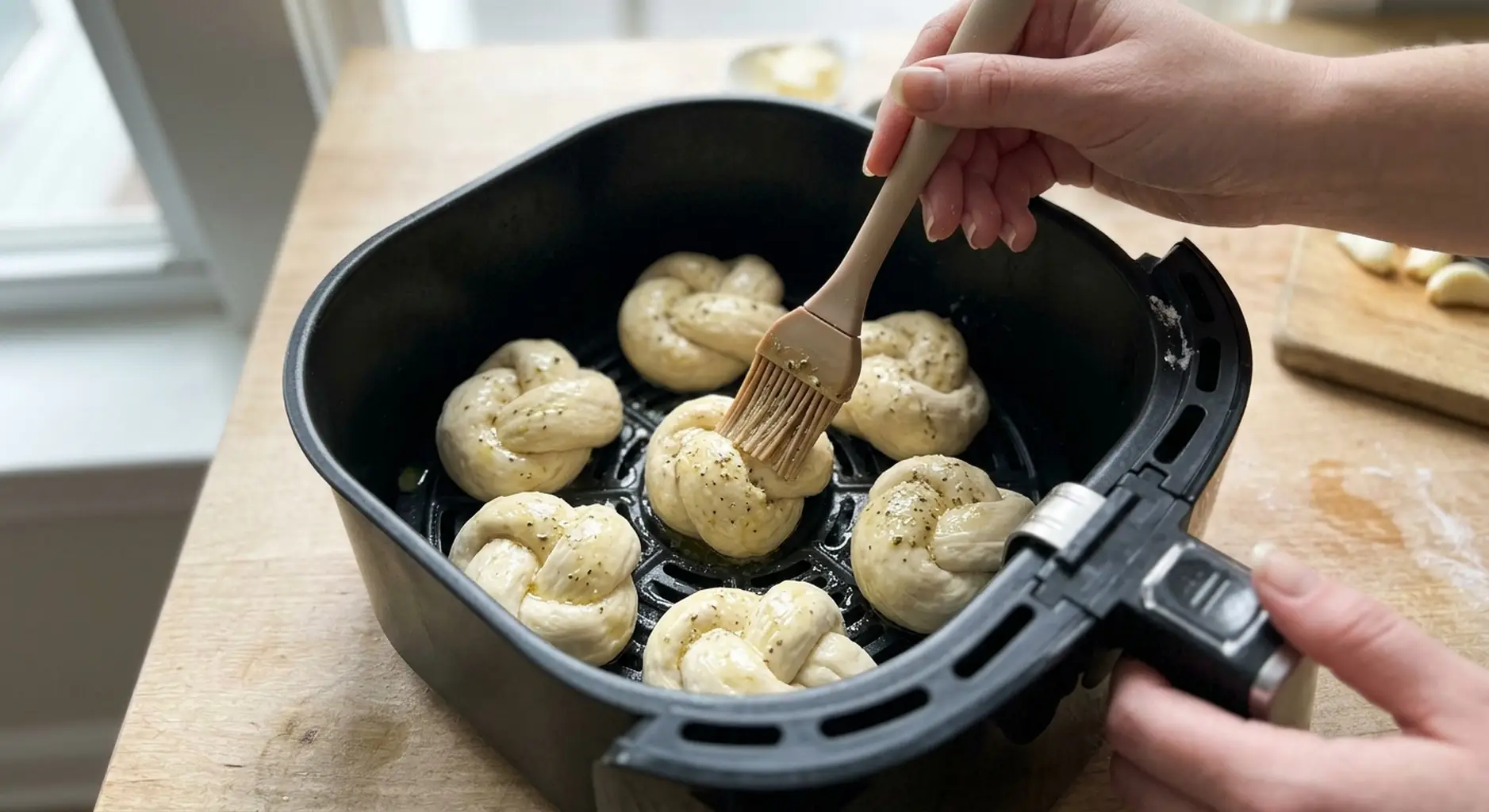 Seasoned butter being brushed onto raw garlic knots in the air fryer basket before baking