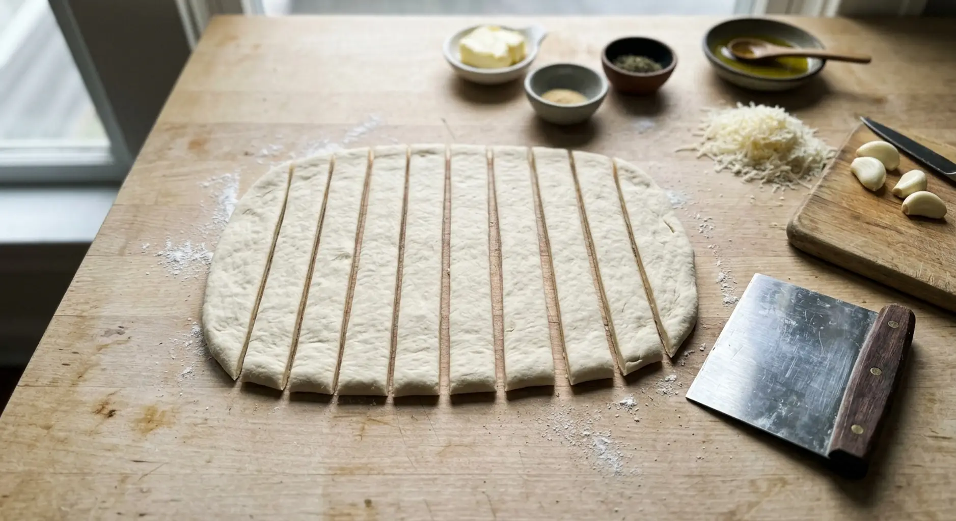Pizza dough cut into twelve strips on a floured board with one strip rolled into a rope