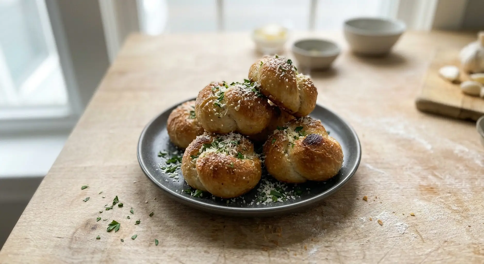 Air fryer garlic knots piled on a plate, glossy with garlic butter and flecked with Parmesan and parsley