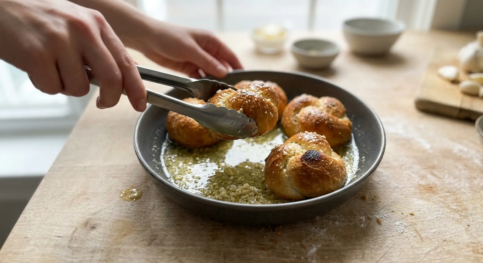 Hot garlic knots being tossed in a bowl of fresh garlic butter