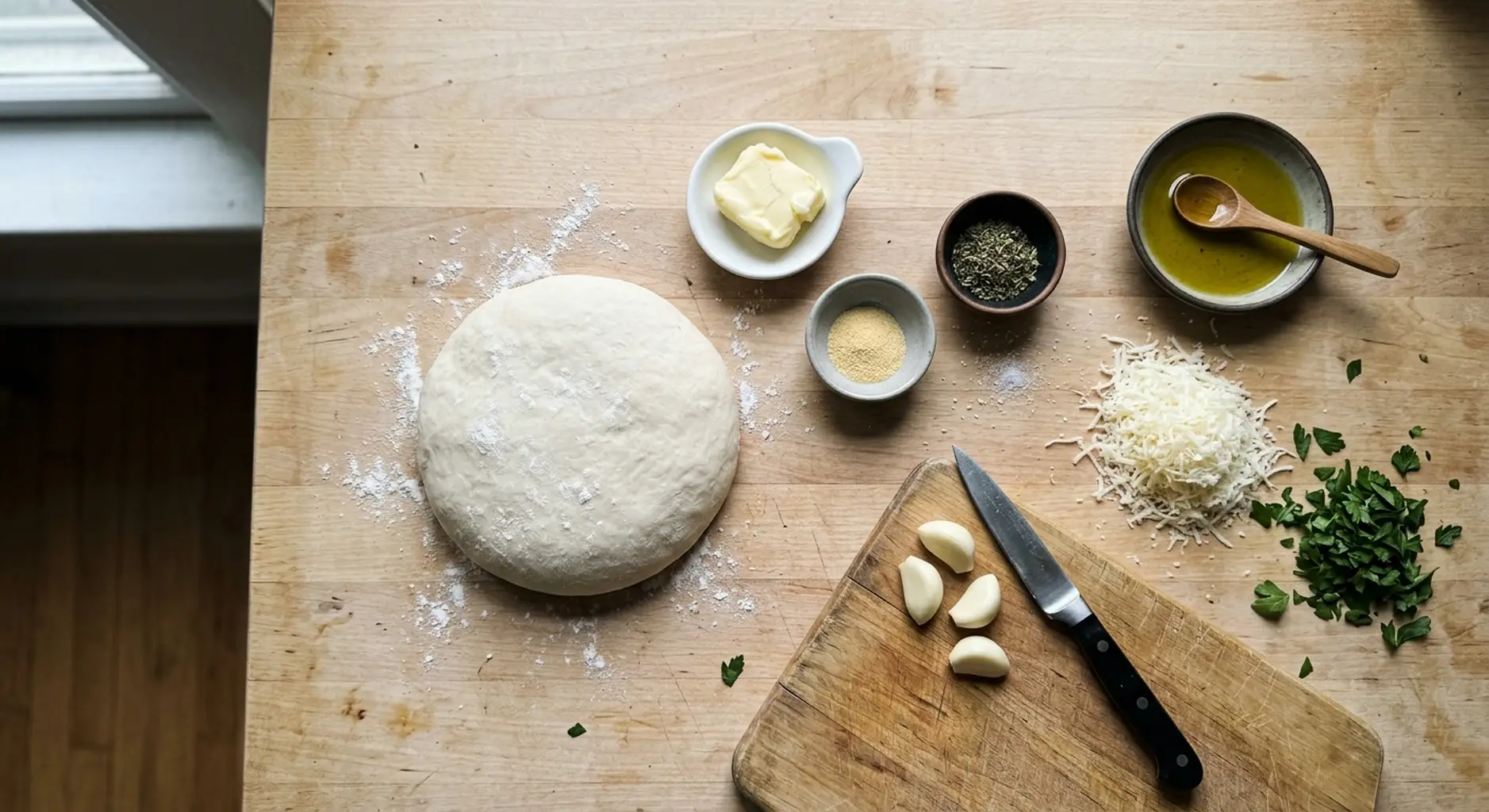 Ingredients for air fryer garlic knots: pizza dough, butter, fresh garlic, Parmesan, parsley and seasonings