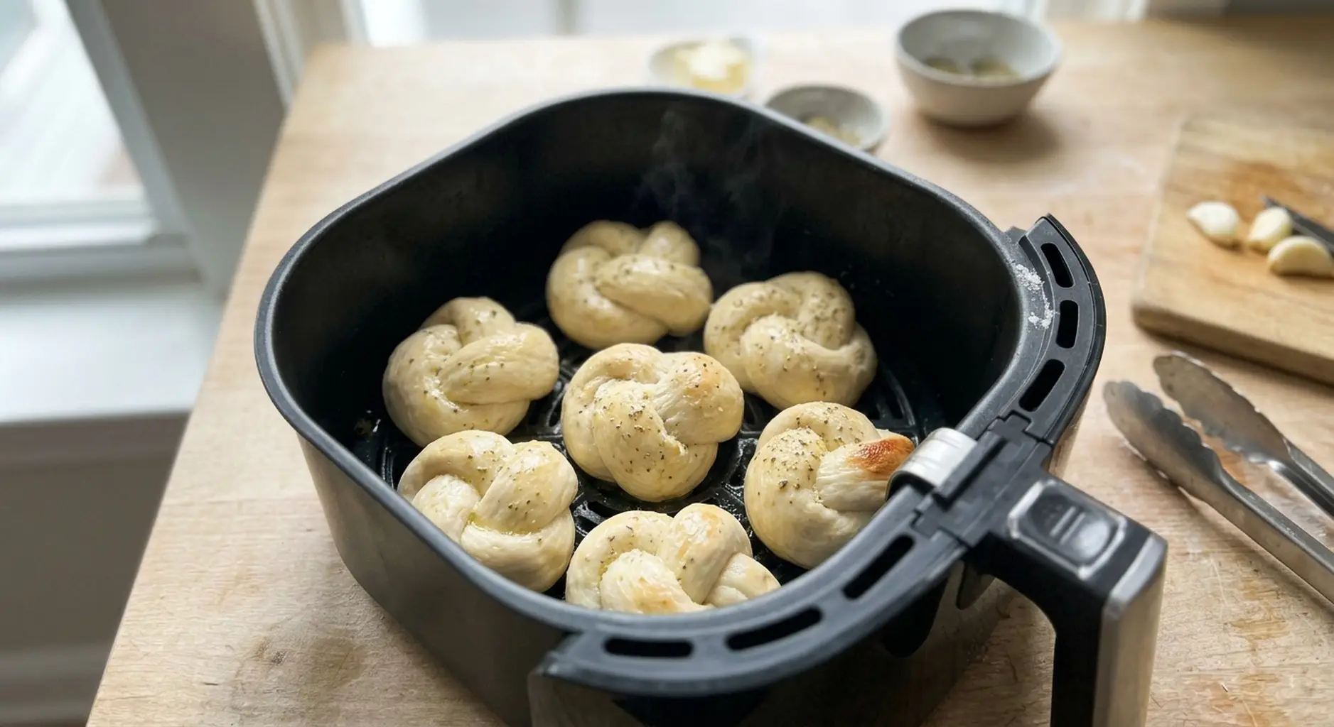 Garlic knots in an air fryer basket being turned over at the halfway mark
