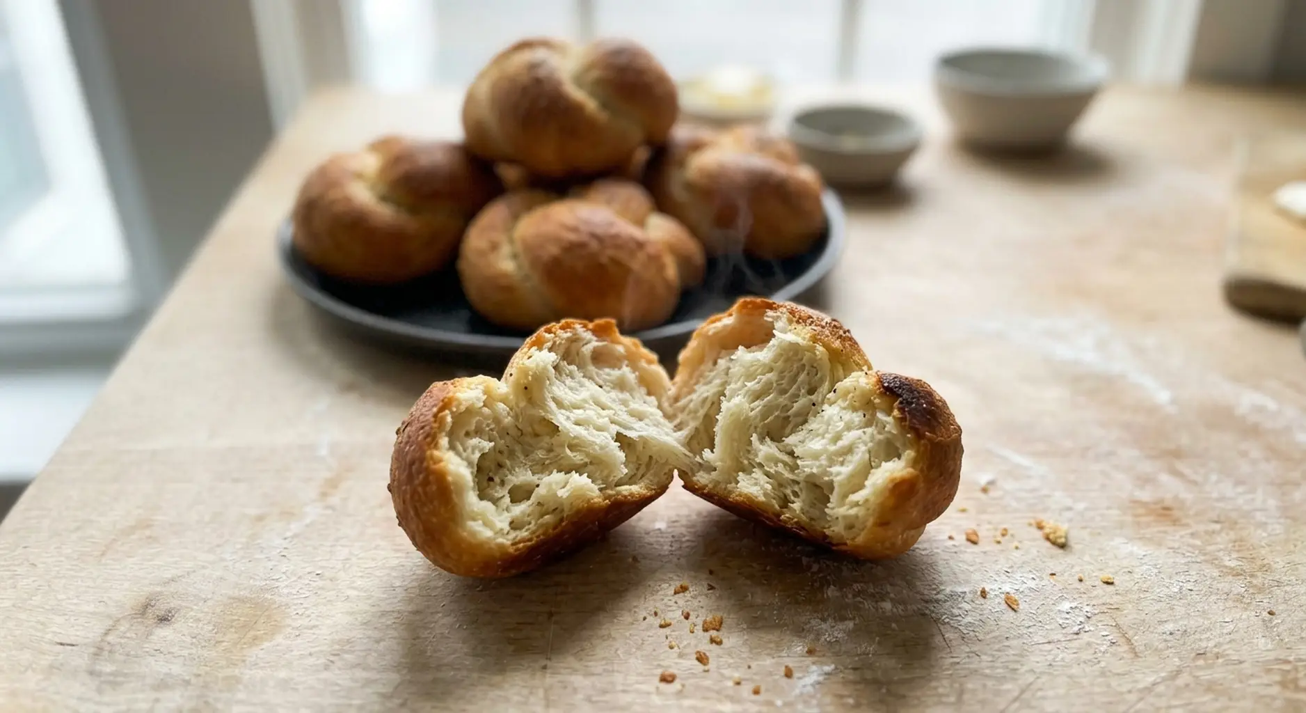 A baked garlic knot torn open to show the open, springy crumb inside